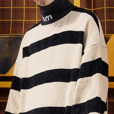 small quantity clothing manufacturer Drop Shoulder Graffiti Rainbow Striped Sweater Chenille Ins Lazy Half Turtleneck